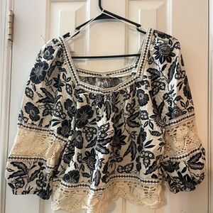 Christian Siriano Black Floral Blouse with Cream Lace